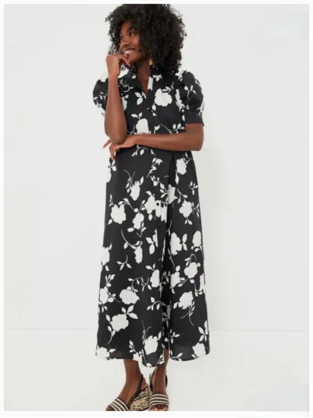 Hyacinth House Louisa Black & White Floral Midi Dress With Ruffle Collar